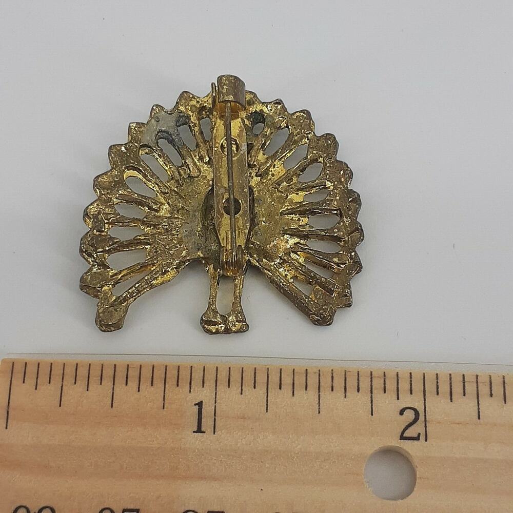 Peacock Vintage Brooch Black White Enamel Pin Bird Ave Feathers Red Eyes - Picture 3 of 5